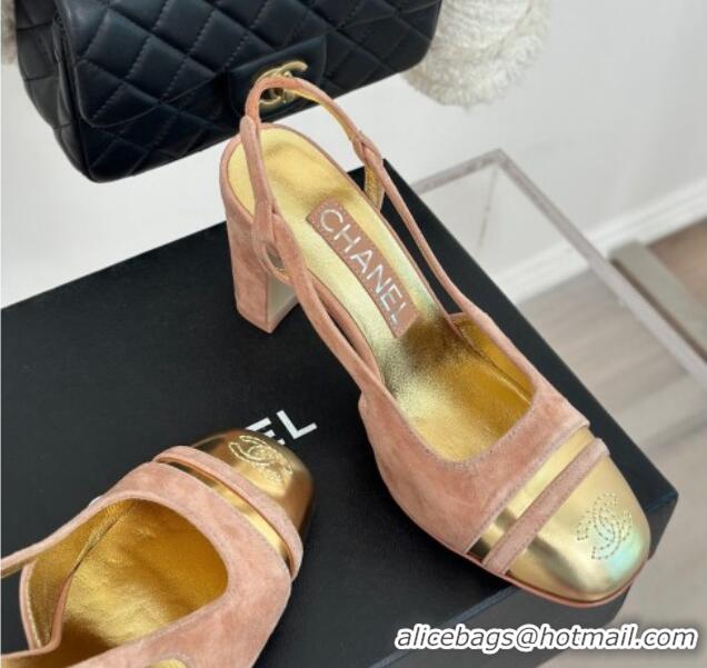 Good Product Chanel Suede & Metallic Calfskin Slingback Pumps Pink/Gold 108036