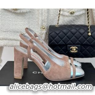 Cheap Price Chanel Suede & Metallic Calfskin Slingback Pumps Pink/Silver 108037