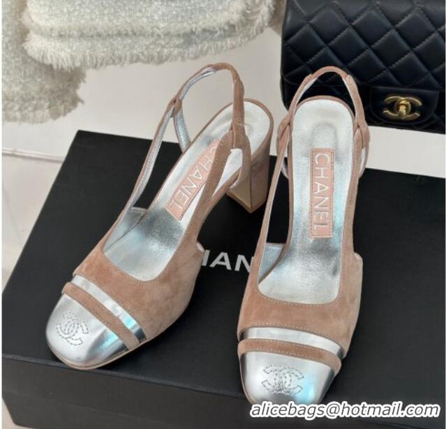 Cheap Price Chanel Suede & Metallic Calfskin Slingback Pumps Pink/Silver 108037