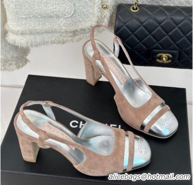 Cheap Price Chanel Suede & Metallic Calfskin Slingback Pumps Pink/Silver 108037