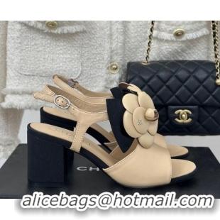 Luxury Cheap Chanel Lambskin Camellia Bloom Heel Sandals Beige 108038