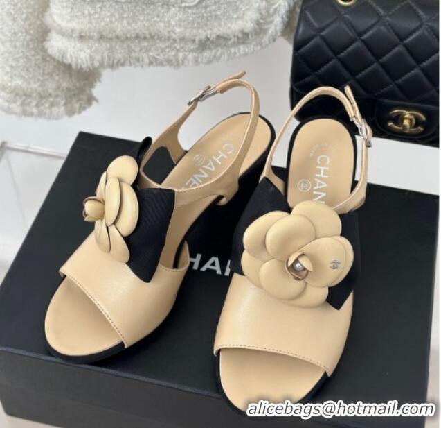 Luxury Cheap Chanel Lambskin Camellia Bloom Heel Sandals Beige 108038