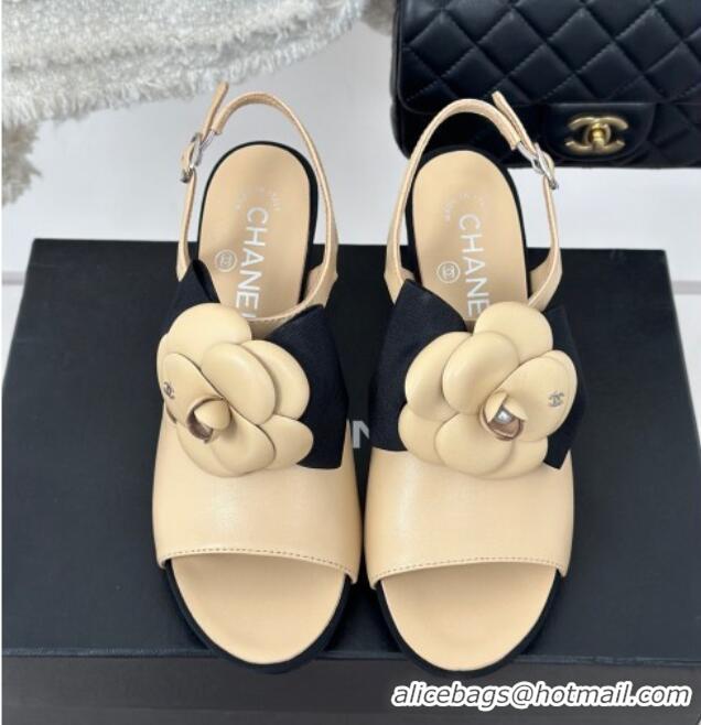 Luxury Cheap Chanel Lambskin Camellia Bloom Heel Sandals Beige 108038