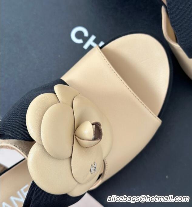 Luxury Cheap Chanel Lambskin Camellia Bloom Heel Sandals Beige 108038