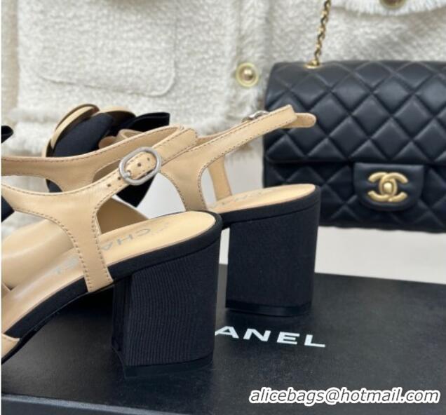 Luxury Cheap Chanel Lambskin Camellia Bloom Heel Sandals Beige 108038