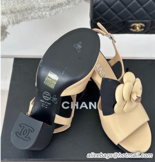 Luxury Cheap Chanel Lambskin Camellia Bloom Heel Sandals Beige 108038