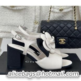 Luxury Chanel Lambskin Camellia Bloom Heel Sandals White 108039