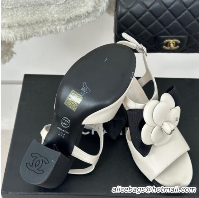 Luxury Chanel Lambskin Camellia Bloom Heel Sandals White 108039