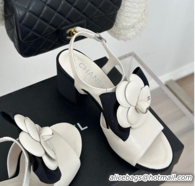 Luxury Chanel Lambskin Camellia Bloom Heel Sandals White 108039