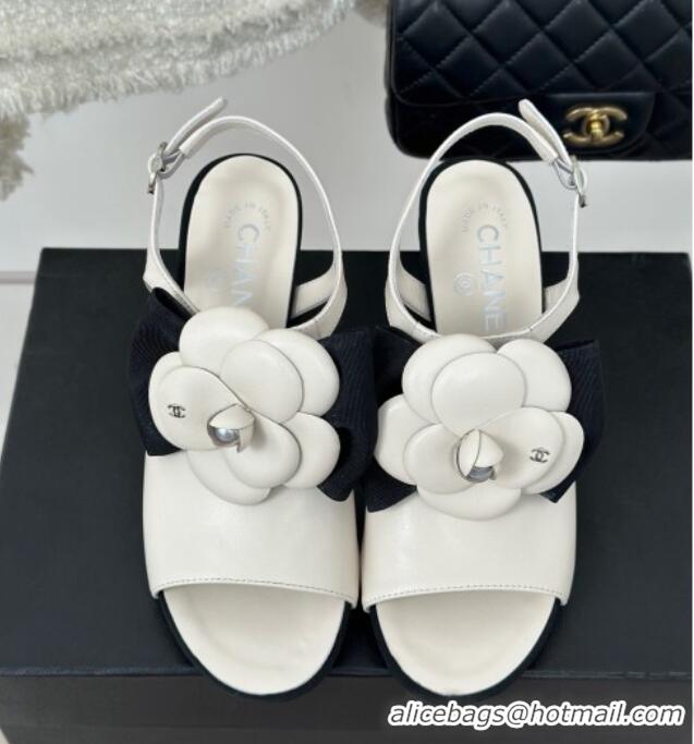 Luxury Chanel Lambskin Camellia Bloom Heel Sandals White 108039