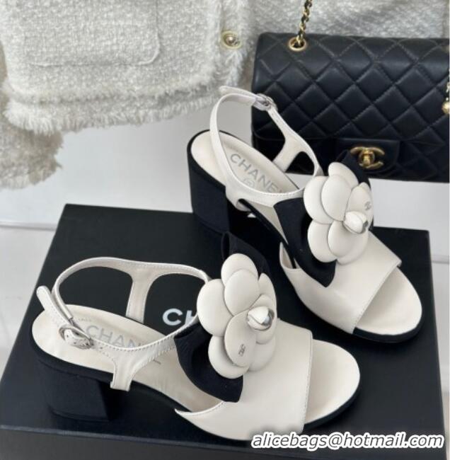 Luxury Chanel Lambskin Camellia Bloom Heel Sandals White 108039