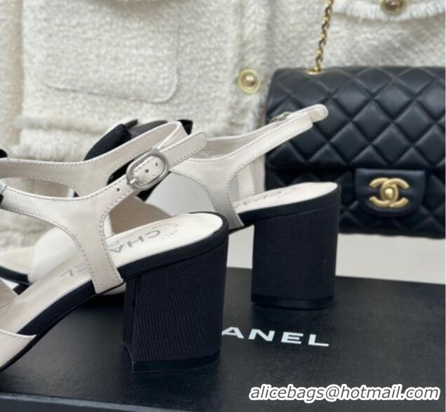 Luxury Chanel Lambskin Camellia Bloom Heel Sandals White 108039