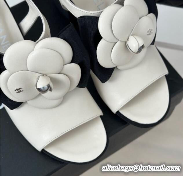 Luxury Chanel Lambskin Camellia Bloom Heel Sandals White 108039