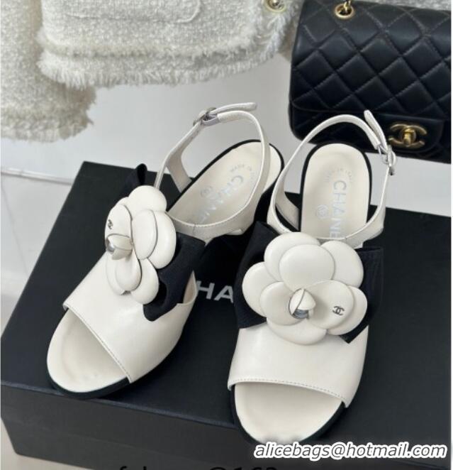 Luxury Chanel Lambskin Camellia Bloom Heel Sandals White 108039