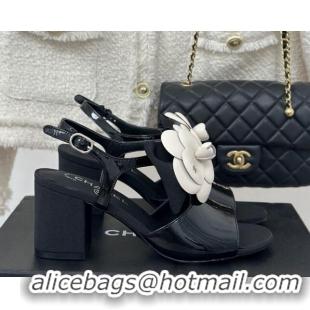 Classic Hot Chanel Lambskin Camellia Bloom Heel Sandals Black 108040