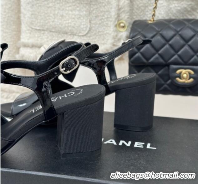 Classic Hot Chanel Lambskin Camellia Bloom Heel Sandals Black 108040