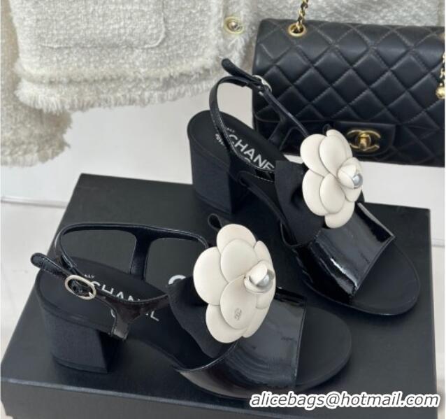 Classic Hot Chanel Lambskin Camellia Bloom Heel Sandals Black 108040