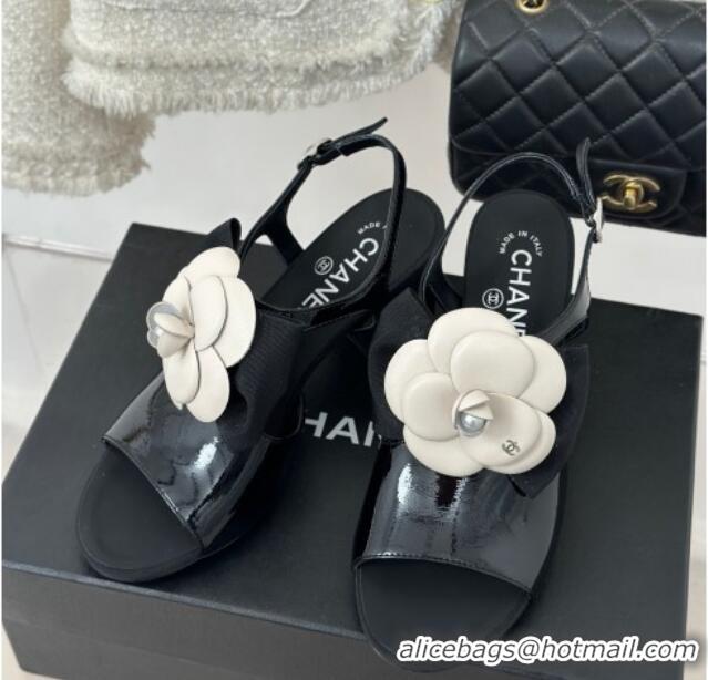 Classic Hot Chanel Lambskin Camellia Bloom Heel Sandals Black 108040