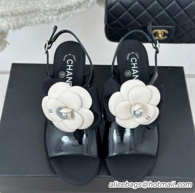 Classic Hot Chanel Lambskin Camellia Bloom Heel Sandals Black 108040