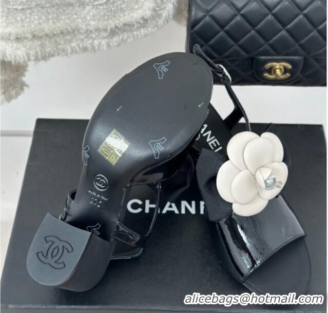 Classic Hot Chanel Lambskin Camellia Bloom Heel Sandals Black 108040