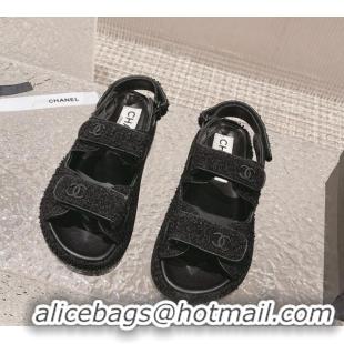 Trendy Design Chanel Tweed & Calfskin Strap Flat Sandals All Black 108041