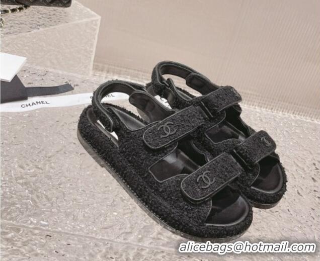 Trendy Design Chanel Tweed & Calfskin Strap Flat Sandals All Black 108041