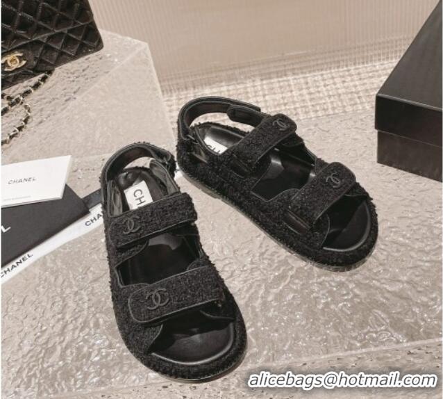 Trendy Design Chanel Tweed & Calfskin Strap Flat Sandals All Black 108041