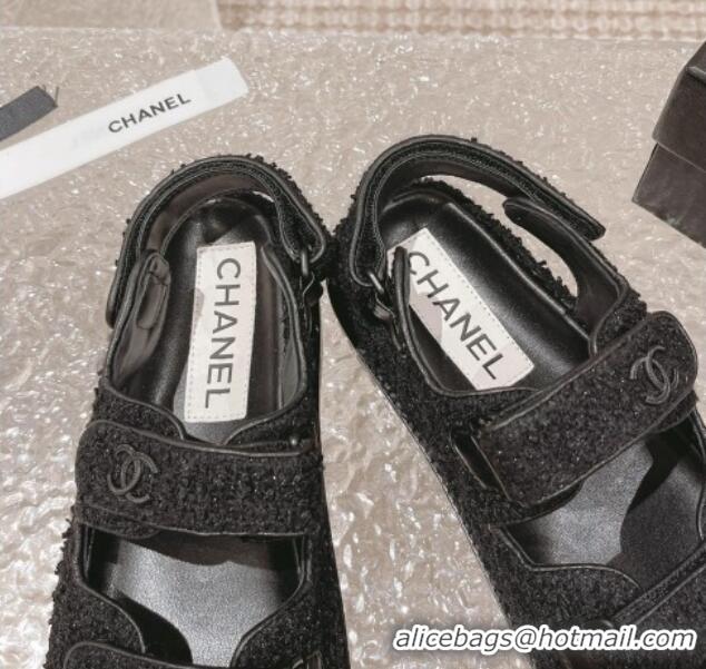 Trendy Design Chanel Tweed & Calfskin Strap Flat Sandals All Black 108041