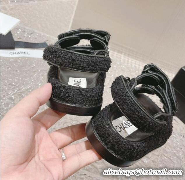 Trendy Design Chanel Tweed & Calfskin Strap Flat Sandals All Black 108041