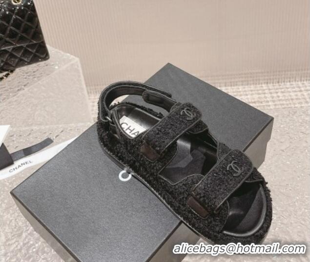 Trendy Design Chanel Tweed & Calfskin Strap Flat Sandals All Black 108041