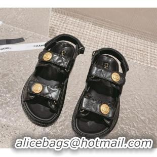 Durable Chanel Shiny Calfskin Flat Sandals Black 108042