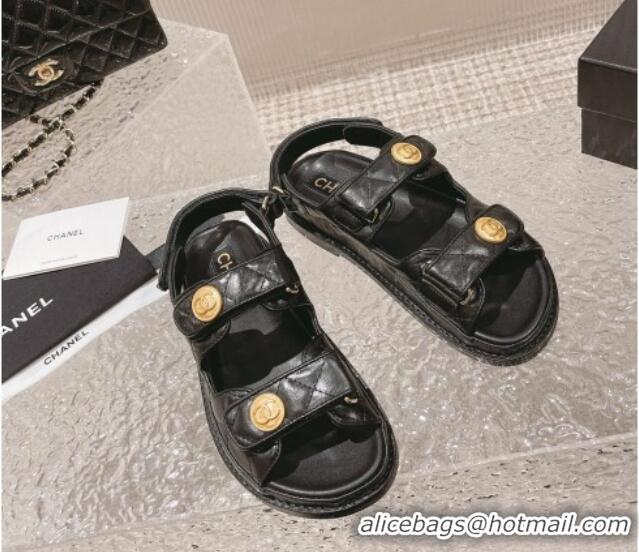 Durable Chanel Shiny Calfskin Flat Sandals Black 108042