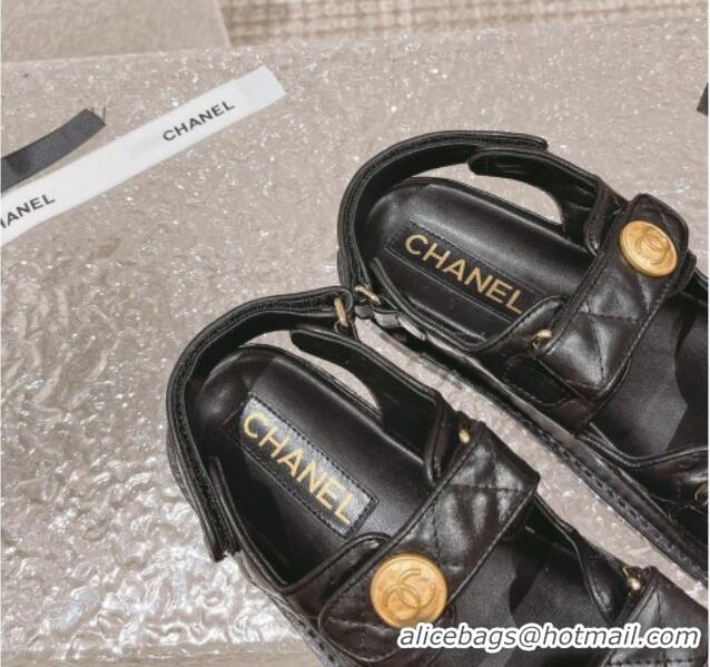 Durable Chanel Shiny Calfskin Flat Sandals Black 108042