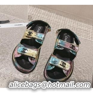 Luxury Chanel CC Printed Metallic Leather Strap Flat Sandals Multi 108045