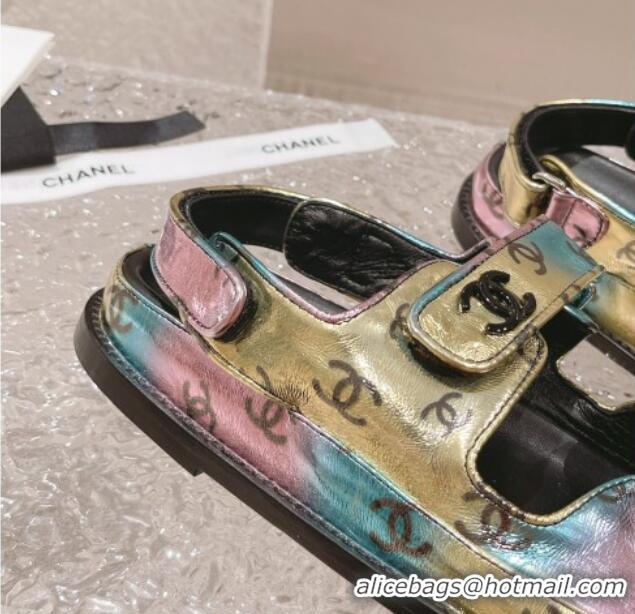 Luxury Chanel CC Printed Metallic Leather Strap Flat Sandals Multi 108045