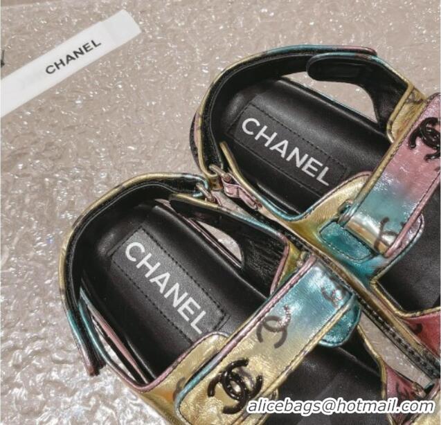 Luxury Chanel CC Printed Metallic Leather Strap Flat Sandals Multi 108045