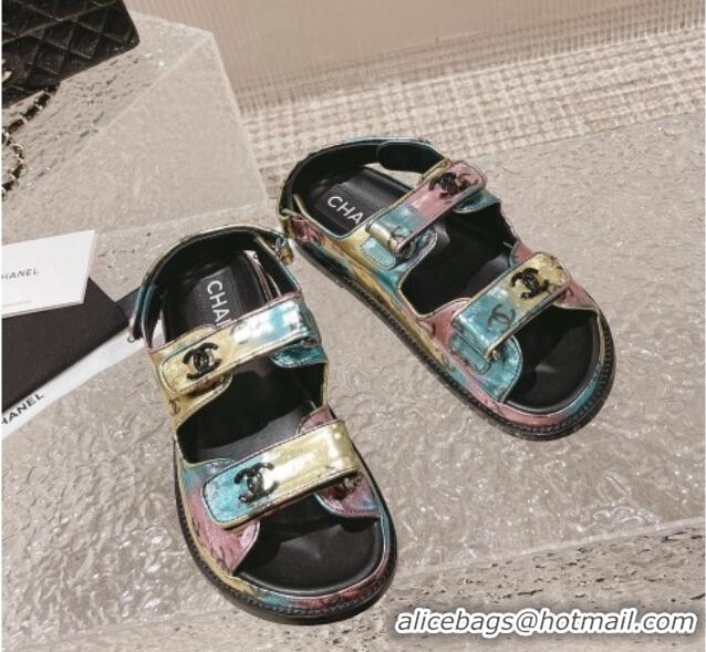 Luxury Chanel CC Printed Metallic Leather Strap Flat Sandals Multi 108045