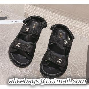 Perfect Chanel Suede & Sequins Strap Flat Sandals Black 0108046