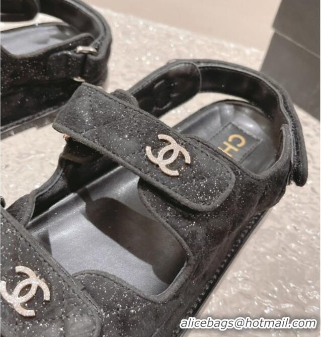 Perfect Chanel Suede & Sequins Strap Flat Sandals Black 0108046