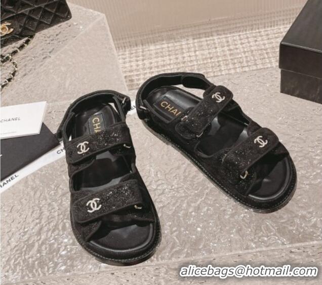 Perfect Chanel Suede & Sequins Strap Flat Sandals Black 0108046