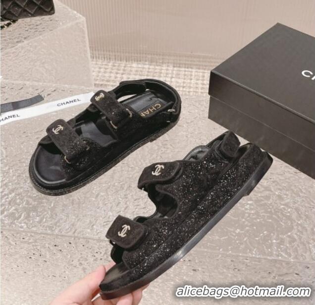 Perfect Chanel Suede & Sequins Strap Flat Sandals Black 0108046