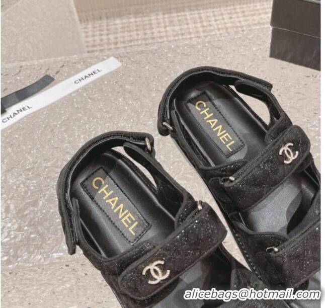 Perfect Chanel Suede & Sequins Strap Flat Sandals Black 0108046