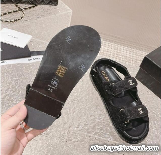 Perfect Chanel Suede & Sequins Strap Flat Sandals Black 0108046