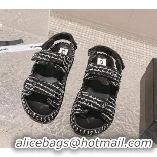 Buy Luxury Chanel Tweed Strap Flat Sandals White/Black 108047