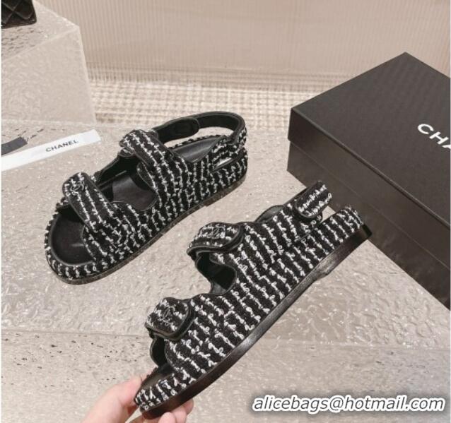 Buy Luxury Chanel Tweed Strap Flat Sandals White/Black 108047