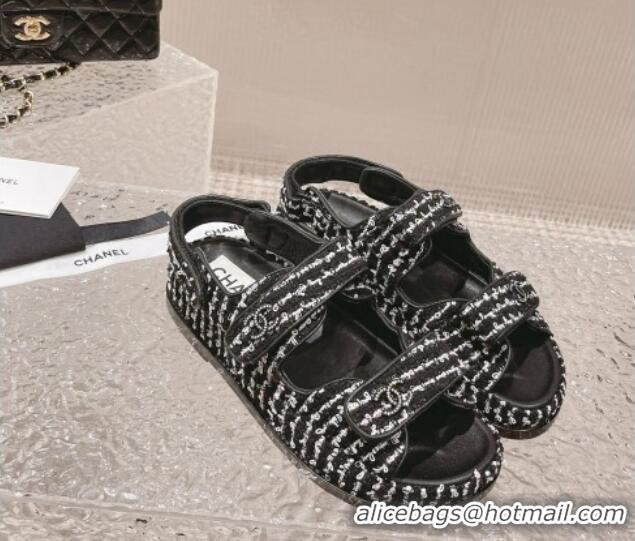 Buy Luxury Chanel Tweed Strap Flat Sandals White/Black 108047