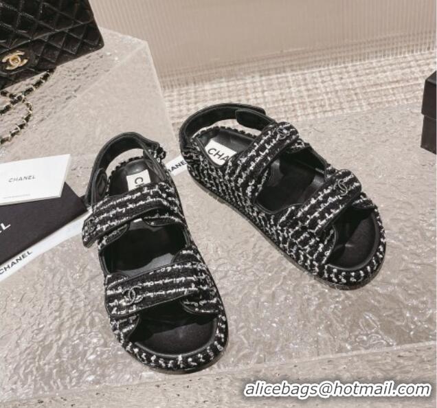 Buy Luxury Chanel Tweed Strap Flat Sandals White/Black 108047