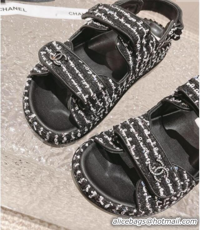 Buy Luxury Chanel Tweed Strap Flat Sandals White/Black 108047