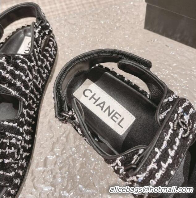 Buy Luxury Chanel Tweed Strap Flat Sandals White/Black 108047