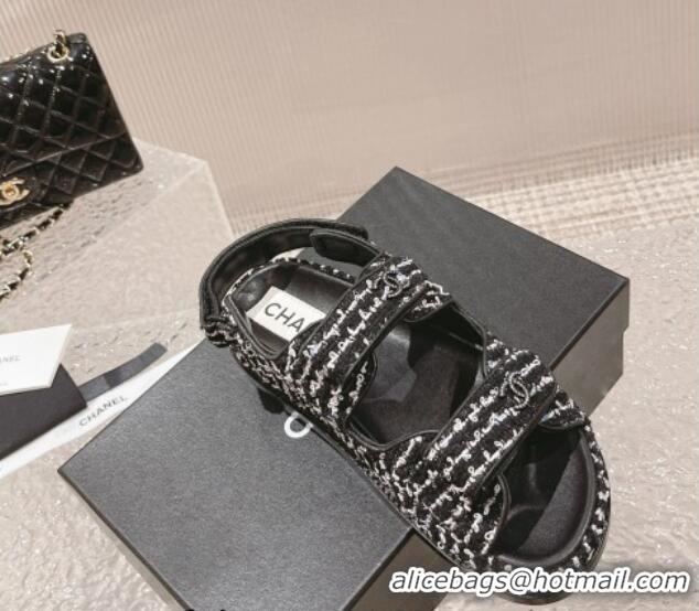 Buy Luxury Chanel Tweed Strap Flat Sandals White/Black 108047